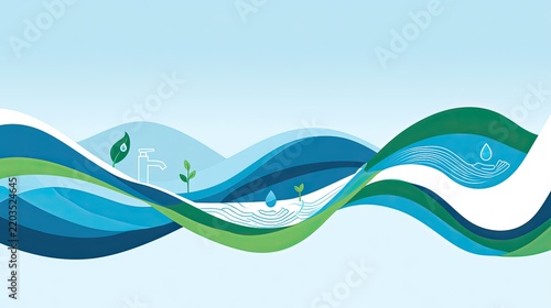 Abstract Blue and Green Wavy Lines Representing Nature and Water Flow.