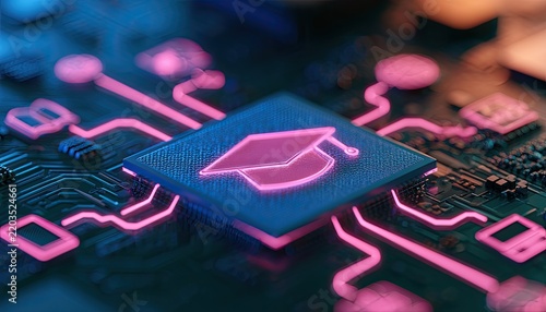 Digital Graduation Cap on Futuristic Circuit Board Symbolizing Online Education.