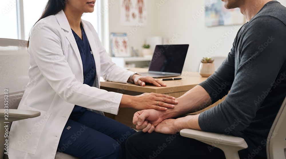 Fototapeta premium Physician Reassuring Nervous Patient During Medical Appointment with Compassionate Healthcare Support