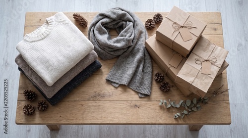 Cozy Winter Gift Set with Knitwear and Rustic Holiday Decor