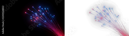 Abstract digital fiber optic light trails with glowing blue and red particles, futuristic data transmission concept, highspeed communication technology background isolated on transparent background