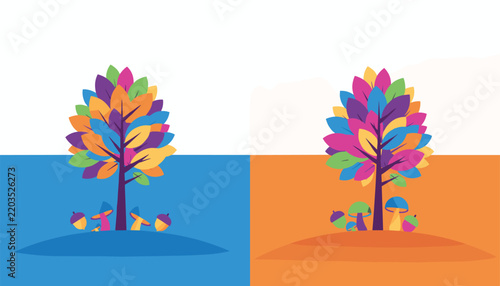 Two identical trees with multi-colored leaves and small mushrooms on split screen blue and orange backgrounds.