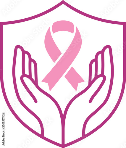 Pink Ribbon and Hands in Shield for Breast Cancer Awareness.