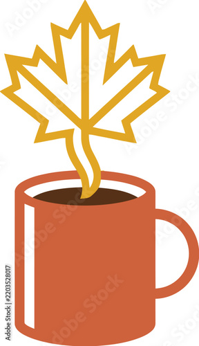 Steaming hot beverage in a mug with a maple leaf rising from it.