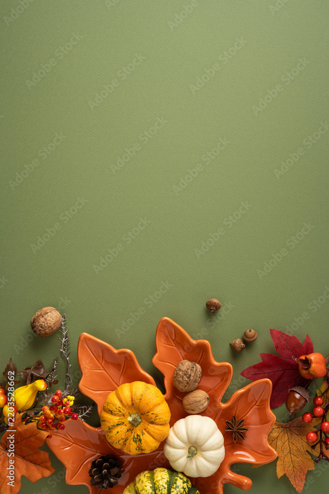 Obraz premium Autumn thanksgiving vertical arrangement with small pumpkin gourd leaves nuts and rustic orange ceramic dish