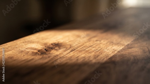 Warm sunlight dances on the surface of a beautifully crafted wooden table in a cozy, inviting space Generative AI