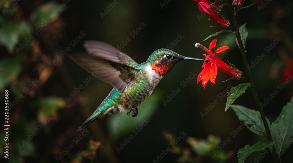 Obraz premium Ruby-throated hummingbird feeds on bright red tubular flower in motion