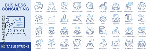 Business consulting icons, such as consultation, strategy, teamwork, presentation, finance and more. Editable stroke.