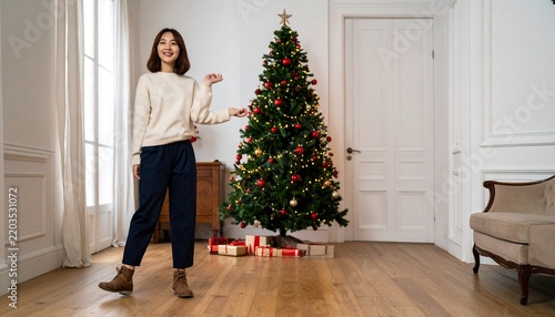 Person Standing Beside Decorated Christmas Tree with Wrapped Gifts in Elegant Living Room
