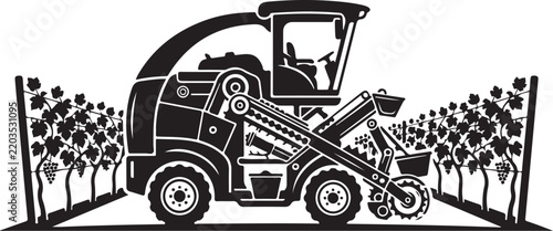 Grape harvester machine vector illustration, black and white vineyard tractor icon, agricultural grape harvesting equipment for winery and viticulture