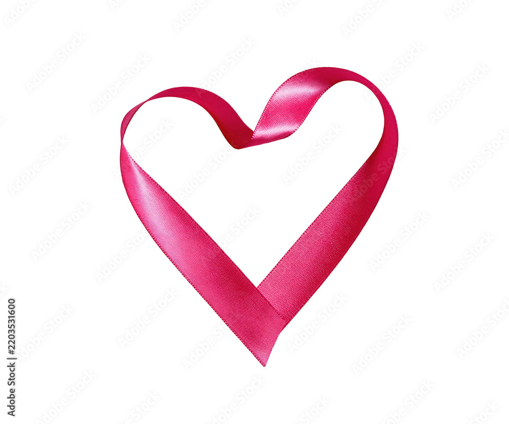 Fototapeta premium Pink satin ribbon shaped into a heart isolated on a white background