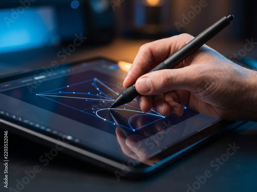 Digital Artist Hands Drawing Glowing Polygonal Shape On Graphics Tablet Screen
