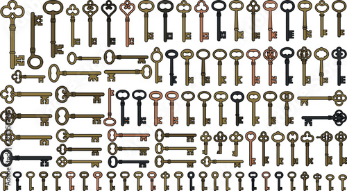 Vintage Skeleton Keys Typology and Antique Brass Ornate Locksmith Vector Set