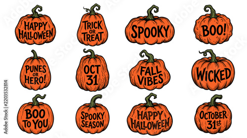 Vintage engraved vector set of Halloween pumpkins featuring hand lettering typography like trick or treat and spooky season. Perfect for autumn holiday graphics.
