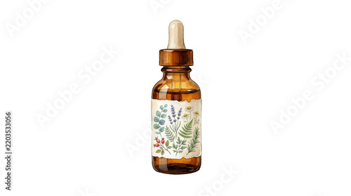 A dropper bottle filled with herbal oil, isolated on transparent background