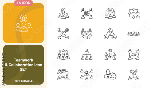 Teamwork and collaboration icon set, professional business management and corporate structure vector illustrations for office communication and leadership