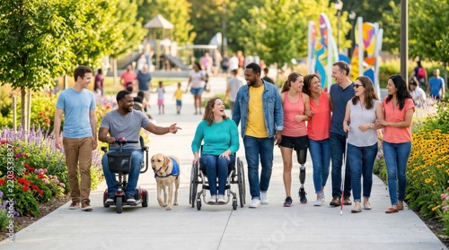 A diverse group walking in a park, some with wheelchairs and a guide dog.