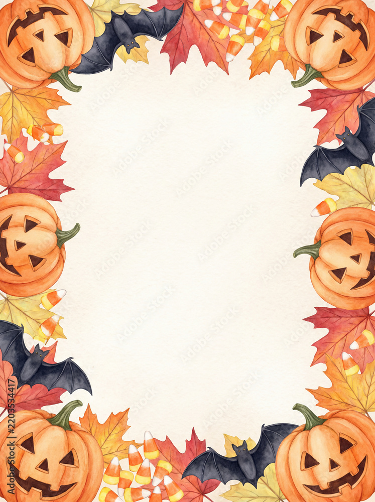 Fototapeta premium Vertical Halloween border of pumpkins bats candy corn and maple leaves