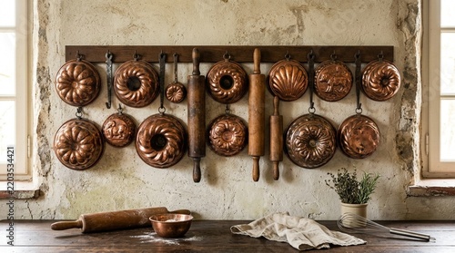 Antique Copper Baking Molds & Rolling Pins on Rustic Wall