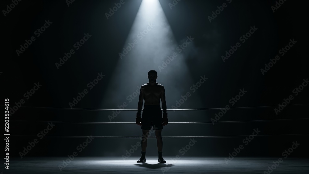 Obraz premium Male boxer in silhouette standing centered in a spotlight, showing determination and readiness for a fight