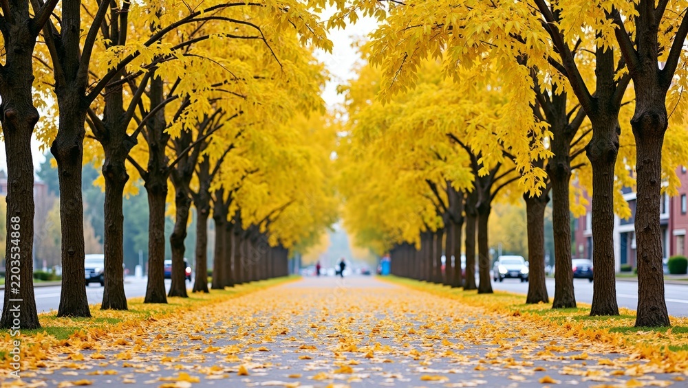 Obraz premium Golden autumn tree lined avenue creating a path through a vibrant city street with yellow leaves