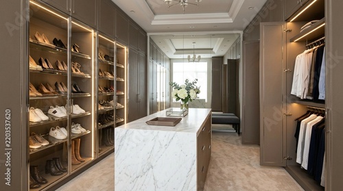 Luxury Walk-in Closet with Shoes, Clothes, and Marble Island