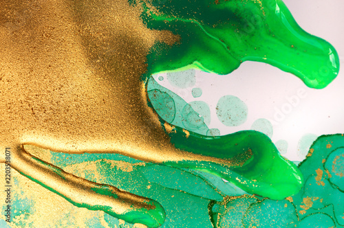 Abstract Original Hand Drawn Green Artwork Liquid Inks Illustration with Gold Glitter and Text Space.