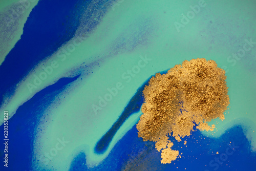 Abstract wave blue and gold marble background. Original Hand-drawn artwork made with ink on paper
