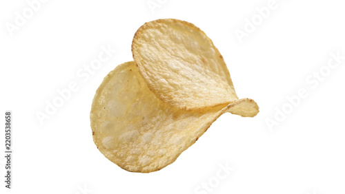 Single crunchy golden potato chip snack object isolated on transparent background