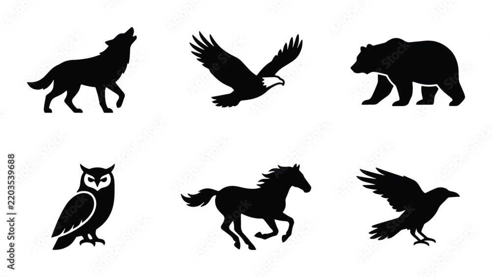 Obraz premium Wild Animal Silhouettes Collection: Wolf, Eagle, Bear, Owl, Horse, Raven Icons for Nature and Wildlife Design