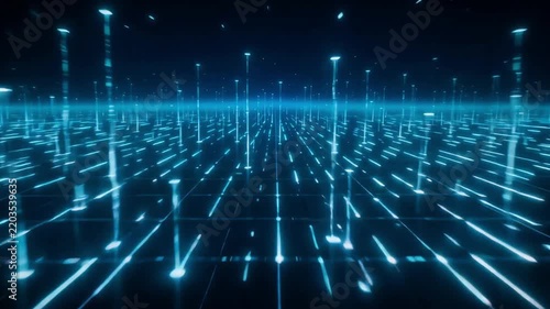 Digital cyberspace grid motion background featuring glowing blue pillars moving through a vast virtual reality environment