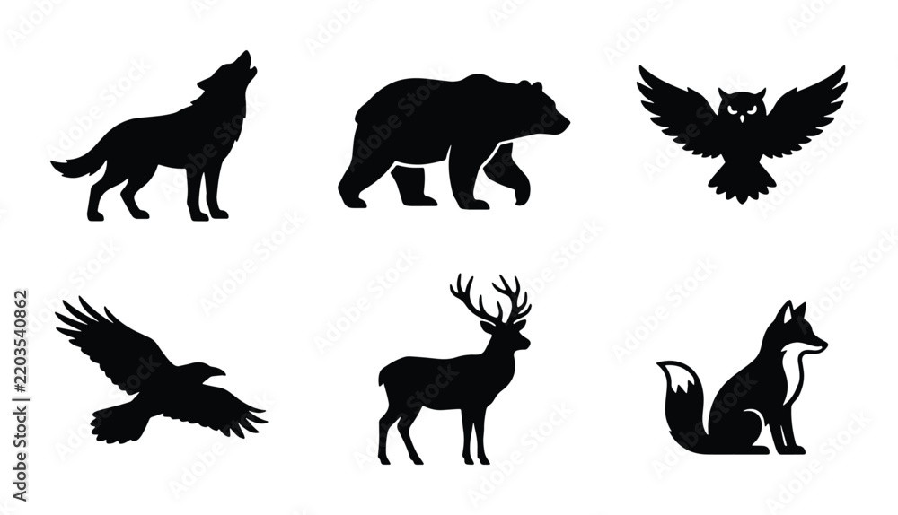 Obraz premium Wild Animal Silhouettes Vector Pack: Bear, Wolf, Deer, Fox, Eagle, Owl Icons for Nature Graphics