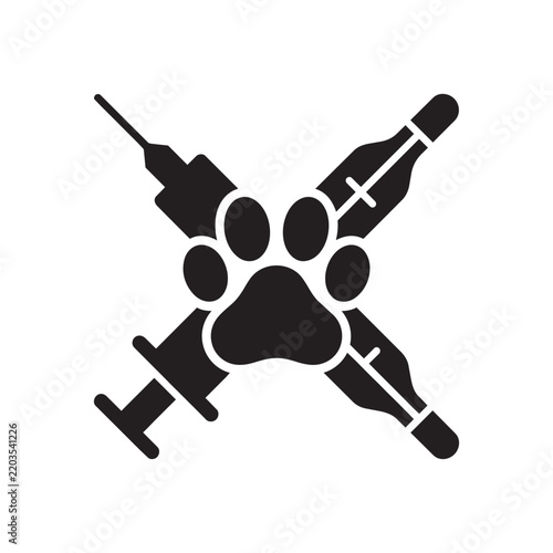Veterinary clinic icon with crossed syringe thermometer and animal paw print silhouette