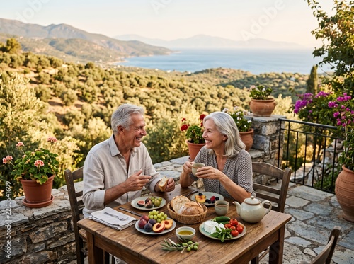 Senior Couple Enjoying Healthy Mediterranean Breakfast on Terrace