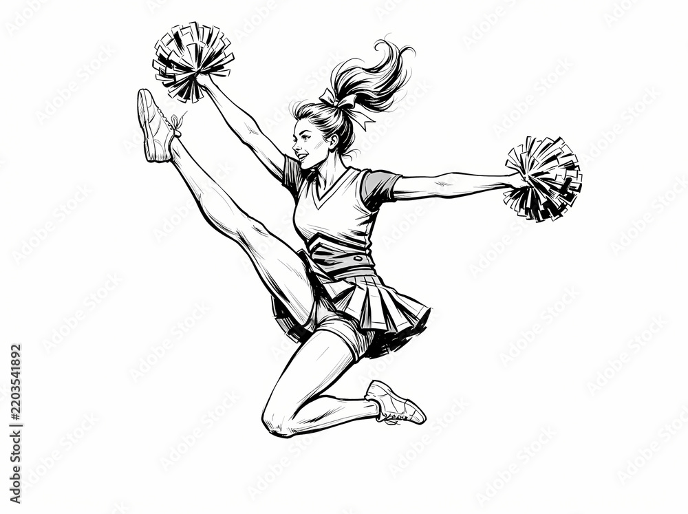 Fototapeta premium A black and white sketch of a cheerleader jumping in the air.