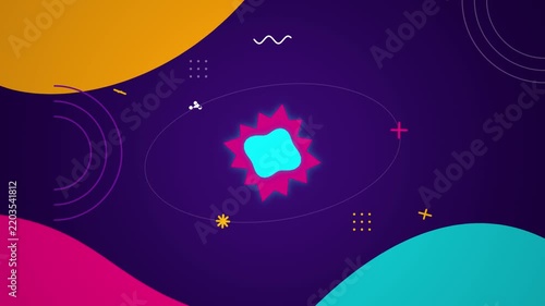 Vibrant abstract motion background, with floating geometric, shapes and pulsing, neon starburst animation