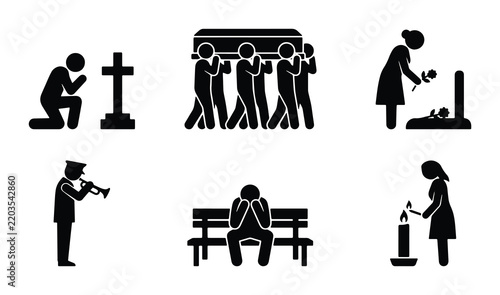 Картината върху платно Funeral Icons Set: Mourning, Grief, Remembrance, and Farewell Rituals, Vector Gr