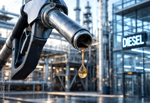 Closeup of diesel fuel nozzle dispensing liquid fuel with industrial facility in the background