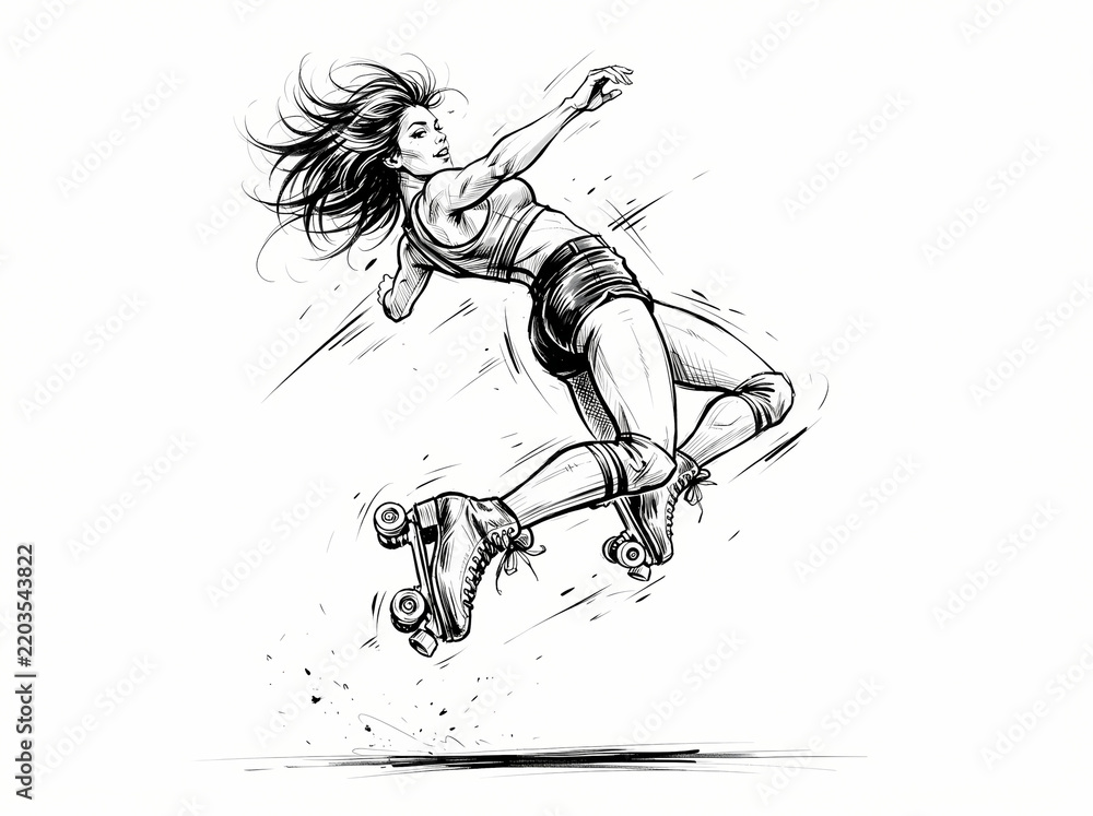 Fototapeta premium Dynamic sketch of a female roller skater performing an athletic jump.