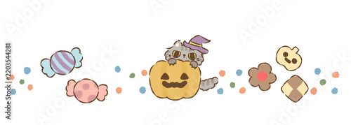 背景透過のもっちり手描きイラスト　10月素材　飾り罫線　ライン　猫とハロウィン