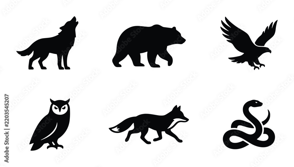Obraz premium Wild Animal Silhouettes Vector Icons: Wolf, Bear, Eagle, Owl, Fox, Snake Set for Nature Graphics