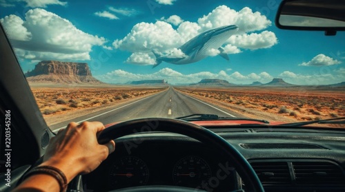 Surreal desert road trip with a large marine mammal soaring through the clouds.