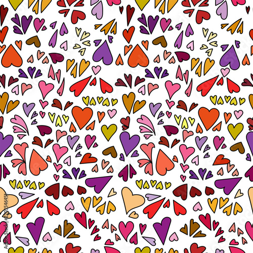 seamless pattern of colorful hand drawn hearts of various sizes and shapes, vector illustration a white background