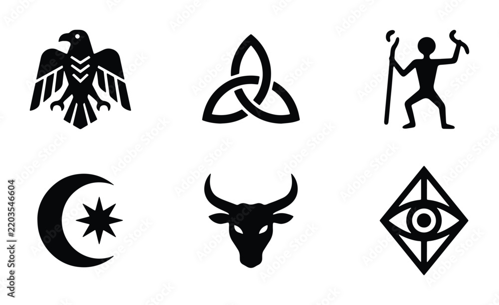 Fototapeta premium Mystical Symbols Collection: Eagle, Trinity Knot, Shaman, Crescent Moon, Bull, All-Seeing Eye Icons