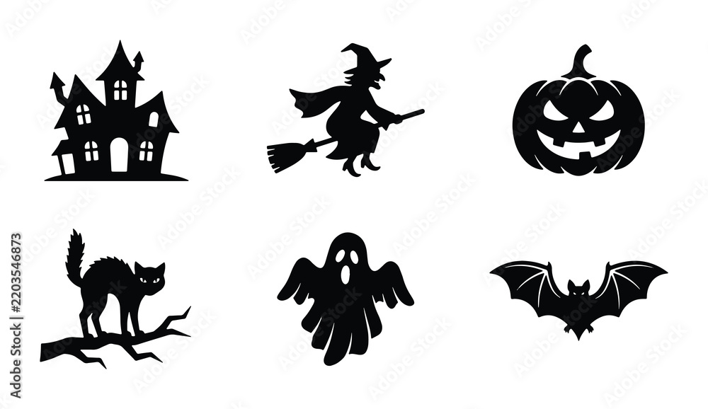 Fototapeta premium Halloween Icons Set: Spooky Black Silhouettes of Haunted House, Witch, Pumpkin, Cat, Ghost, Bat
