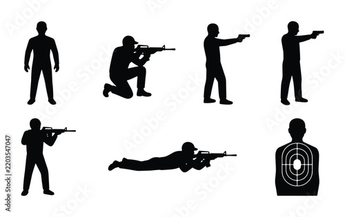 Silhouette Shooting Practice Targets, Gun Aiming Poses, Military Soldier Icons, Tactical Training Set