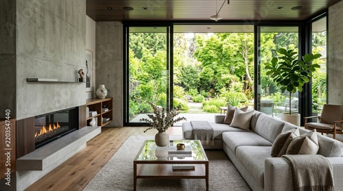 Modern Living Room with Fireplace and Large Glass Doors Opening to Lush Garden