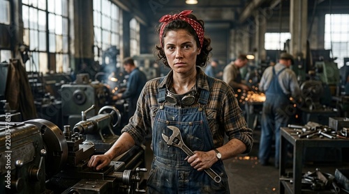Strong Woman Mechanic in Vintage Factory with Tools