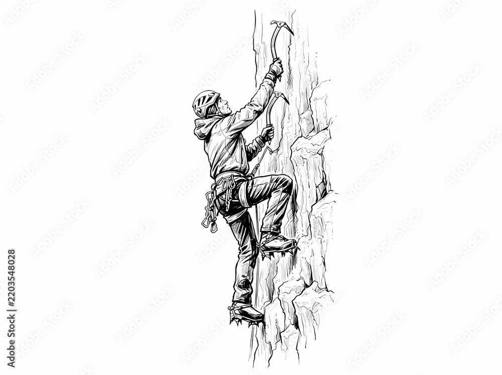 Fototapeta premium A detailed black and white sketch of a mountain climber scaling a steep rock face.