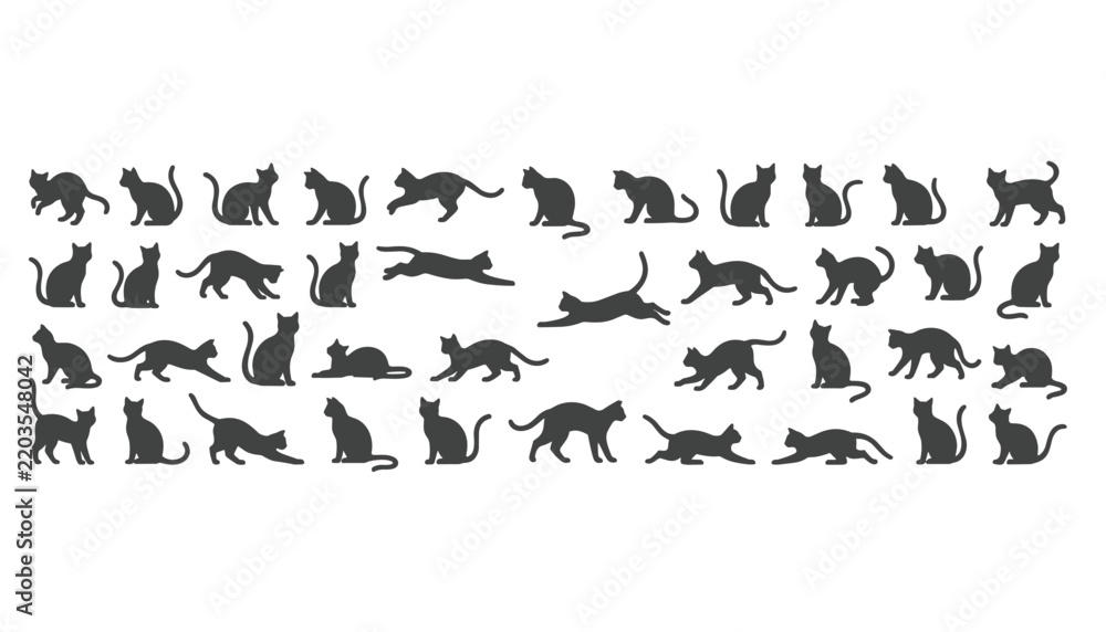 Fototapeta premium Extensive silhouette collection of cats in various poses and activities, perfect for pet-themed designs, animal art, and patterns.